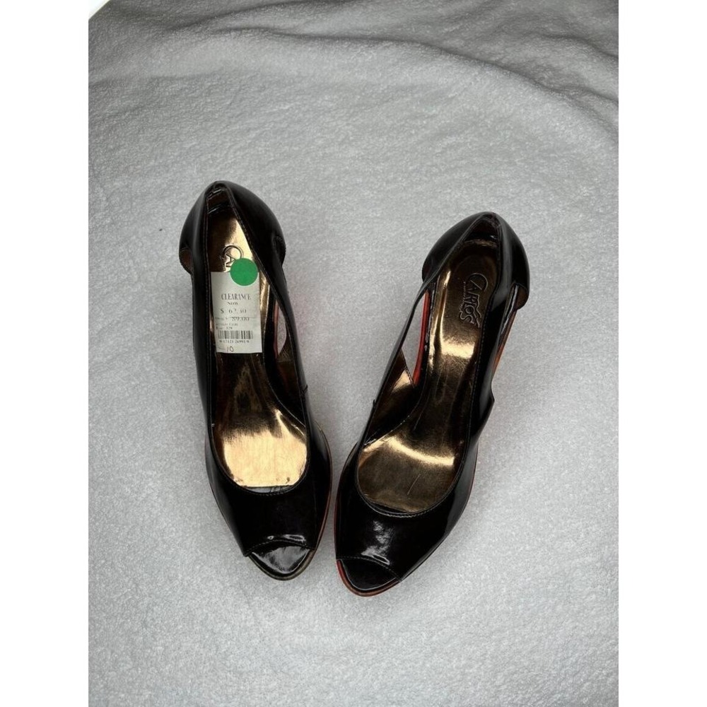 CARLOS 10 Peep Toe Wedge Heels Black Patent Marble Platform - Picture 4 of 6